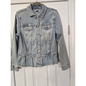Chicos Light Wash Denim Peplum Jacket Ruffle Raw Hem Button Front Size 1 US 8/10